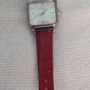 OUKJ Women's Designer Watch  Stainless Steel Quartz Mvt   Red Faux Leather Band